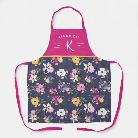 Paars-gele roze bloemenfamilie monogram schort (Voorkant)