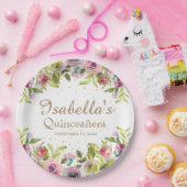 Paars gele roze Floral Glitter Quinceañera Papieren Bordje (Feest)