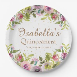 Paars gele roze Floral Glitter Quinceañera Papieren Bordje