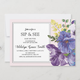 Paars gele roze Floral Sip Zie Baby shower Kaart
