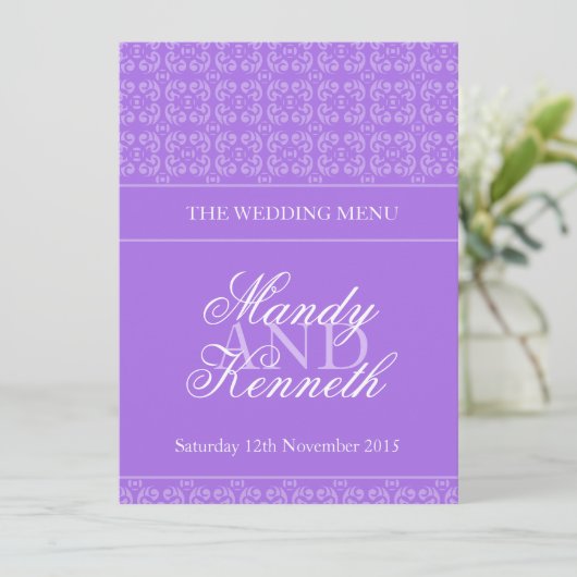 Paars gepantserd trouwdiner menu (Staand voorkant)
