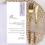 Paars gepersonaliseerd met gastnaam Elegant Menu<br><div class="desc">Waarom besteed op zijn plaats kaarten en menukaarten wanneer u een elegant All-in-one elegant Menu kunt hebben dat met elke gastnaam wordt gepersonaliseerd! Hedendaags, eenvoudig en elegant design met prachtige moderne, handgeschreven kalligrafie. De streep op de hoogste juiste hoek in aantrekkelijke bleke paarse toon met gastnaam in zwart. Terug in...</div>