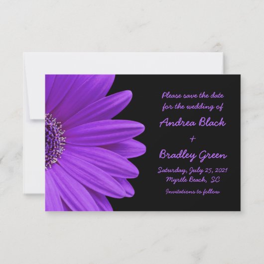 Paars Gerbera Daisy Black Photo Weddenschap Save The Date (Achterkant)