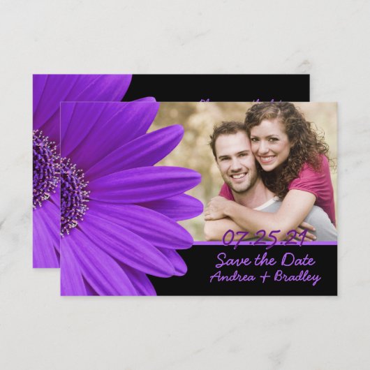 Paars Gerbera Daisy Black Photo Weddenschap Save The Date (Voorkant / Achterkant)
