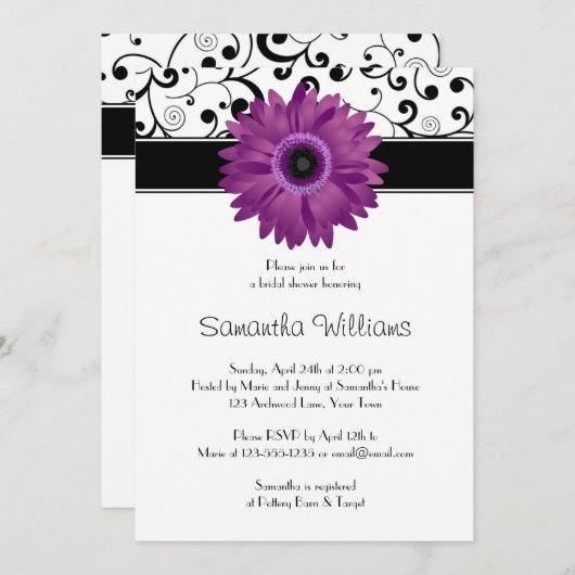 Paars Gerbera Daisy Black Scroll Vrijgezellenfeest Kaart (Voorkant / Achterkant)