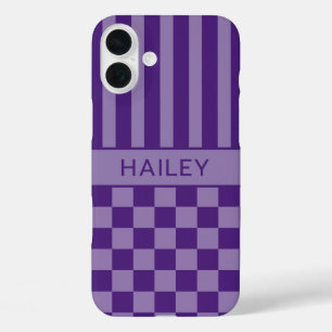 Paars geruit gestreept gepersonaliseerd iPhone 16 plus hoesje