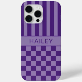 Paars geruit gestreept gepersonaliseerd iPhone 15 pro max hoesje