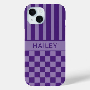 Paars geruit gestreept gepersonaliseerd iPhone 15 case