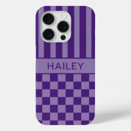 Paars geruit gestreept gepersonaliseerd iPhone 15 pro case