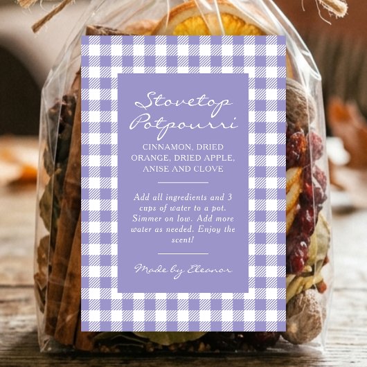 Paars geruit stovetop potpourri sudderpot etiket