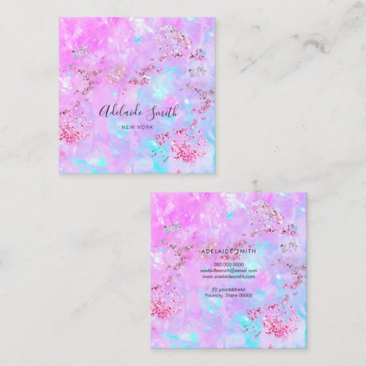 paars gesimuleerd glitter op faux iridescent opal vierkante visitekaartje (Voorkant / Achterkant)