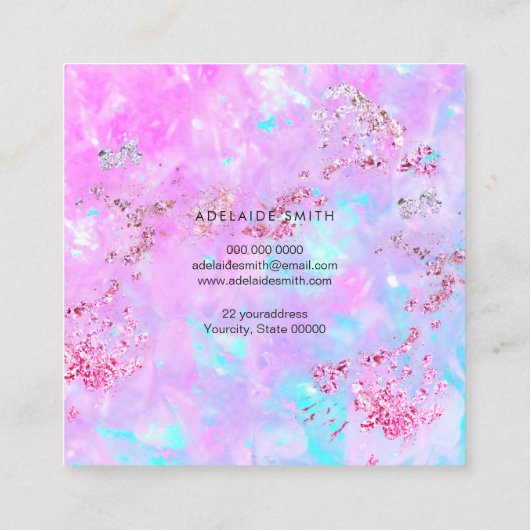 paars gesimuleerd glitter op faux iridescent opal vierkante visitekaartje (Achterkant)