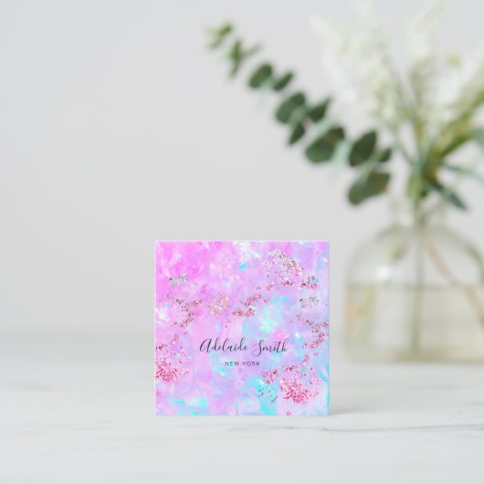 paars gesimuleerd glitter op faux iridescent opal vierkante visitekaartje (Staand voorkant)