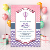 Paars gestript Baby shower van een hete luchtballo Kaart