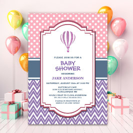 Paars gestript Baby shower van een hete luchtballo Kaart