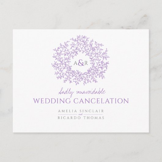 Paars getekend blad monogram huwelijks annulering aankondigingskaart (Voorkant)