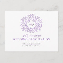 Paars getekend blad monogram huwelijksannulering aankondigingskaart