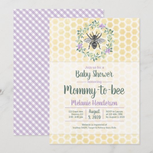 paars, gingham, baby shower van mama tot meisje kaart (Voorkant / Achterkant)