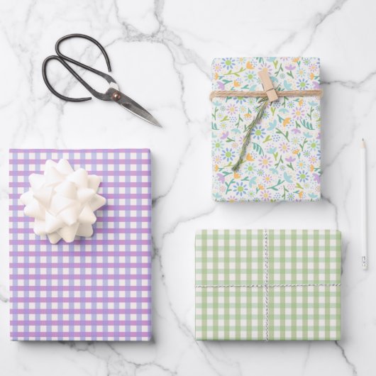 Paars Gingham en Bloemen Inpakpapier Sh (Voorkant)