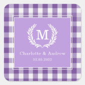 Paars Gingham Monogram Wapenschild Maatwerk Vierkante Sticker (Voorkant)