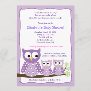 Paars Girl Twin Hoot Owls Baby shower Invitation Kaart