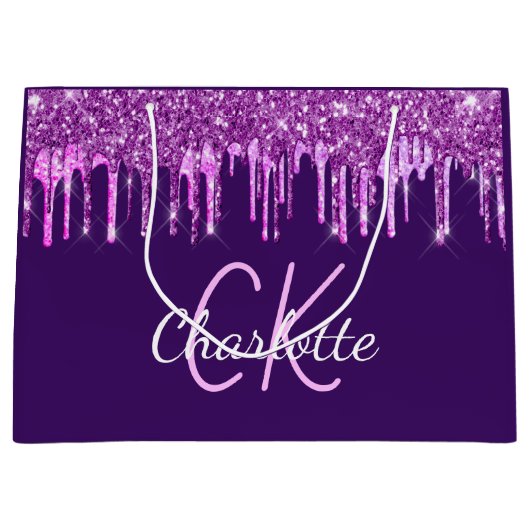 Paars glinsterend roze druipend monogram groot cadeauzakje (Voorkant)