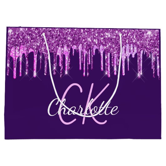 Paars glinsterend roze druipend monogram groot cadeauzakje (Achterkant)