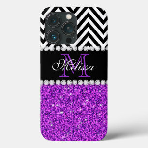 Paars Glitter Black Chevron Monogram Case-Mate iPhone Case