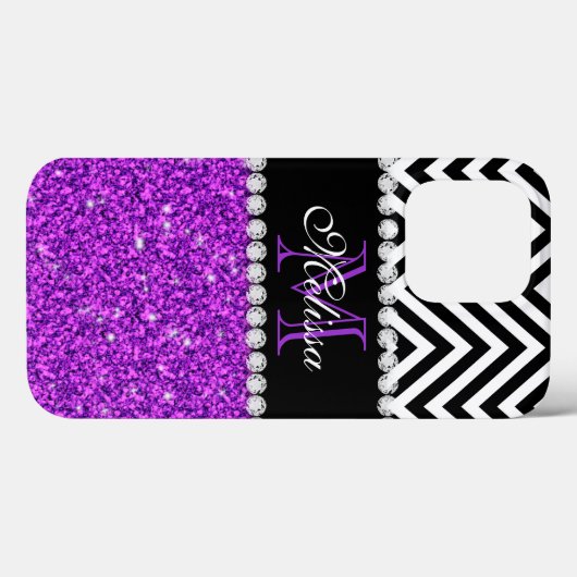 Paars Glitter Black Chevron Monogram Case-Mate iPhone Case (Achterkant (horizontaal))