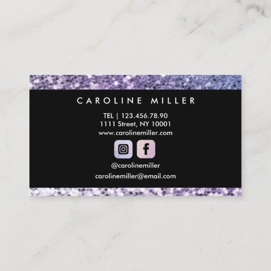 Paars Glitter Black Monogram Trendy Beauty Salon Visitekaartje (Achterkant)