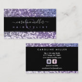 Paars Glitter Black Monogram Trendy Beauty Salon Visitekaartje (Voorkant / Achterkant)