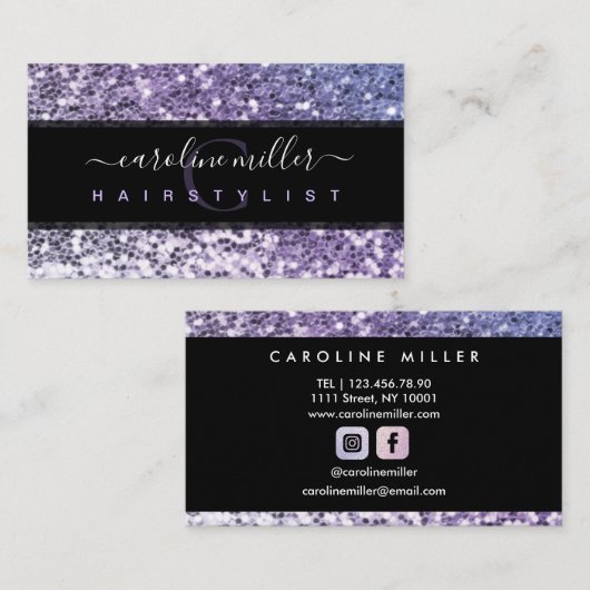 Paars Glitter Black Monogram Trendy Beauty Salon Visitekaartje (Voorkant / Achterkant)