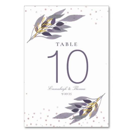 Paars Glitter Botanical Wedtable Number Kaart (Voorkant)