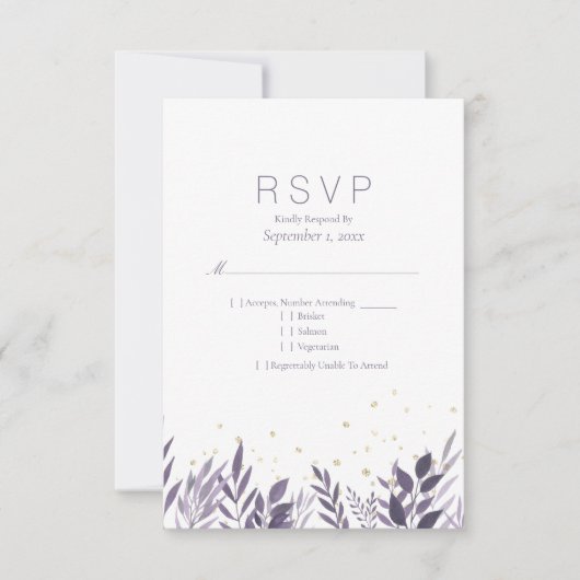 Paars Glitter Botanische RSVP Weddenschap Kaartje (Voorkant)