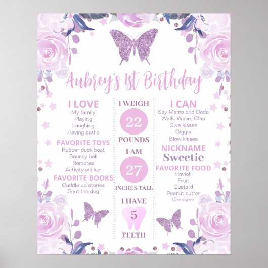 Paars Glitter Butterfly Birthday Milestone Poster (Voorkant)