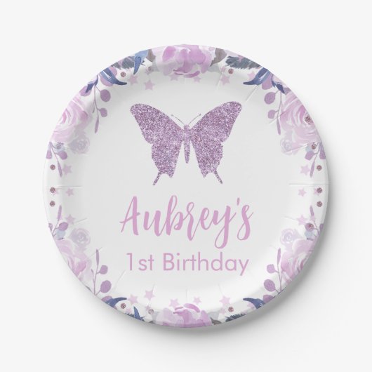 Paars glitter Butterfly Birthday Paper Napkin Papieren Bordje (Voorkant)