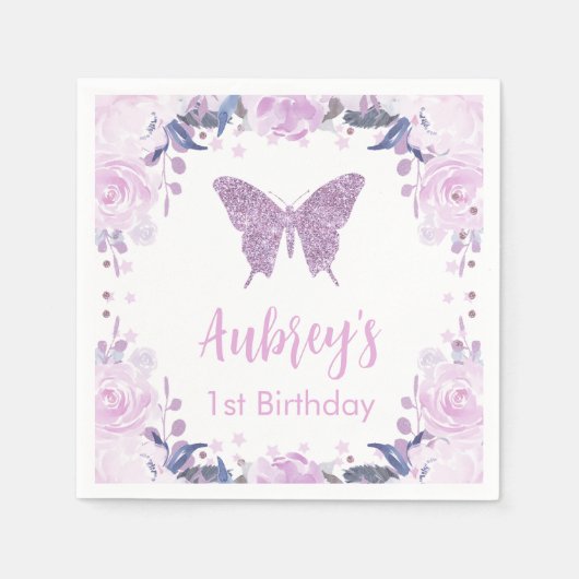 Paars glitter Butterfly Birthday Paper Napkin Servet (Voorkant)