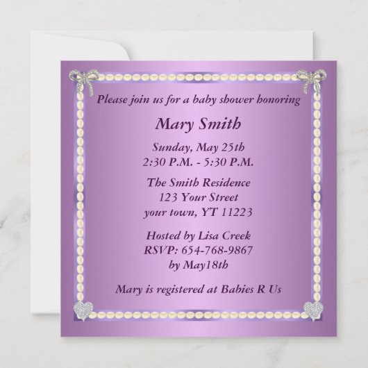 Paars Glitter Diamond Bow Baby shower Kaart (Achterkant)