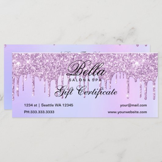 Paars Glitter Drip Salon and Spa Cadeaucertificaat (Voorkant / Achterkant)