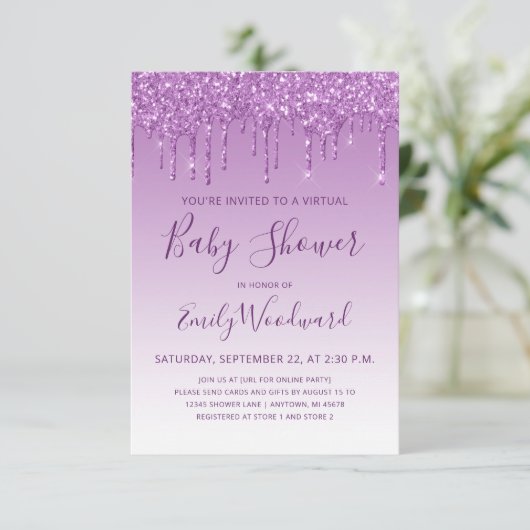 Paars Glitter Drip Virtueel Baby shower Kaart (Staand voorkant)