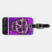 Paars Glitter Elegant Black Skull Travel Monogram Bagagelabel (Voorkant horizontaal)