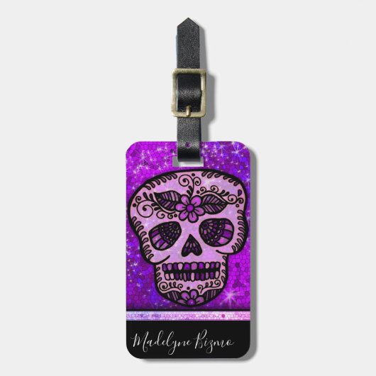 Paars Glitter Elegant Black Skull Travel Monogram Bagagelabel (Voorkant verticaal)