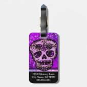 Paars Glitter Elegant Black Skull Travel Monogram Bagagelabel (Achterkant verticaal)