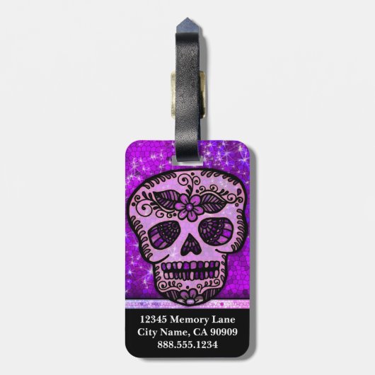 Paars Glitter Elegant Black Skull Travel Monogram Bagagelabel (Achterkant verticaal)