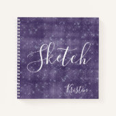 Paars Glitter Elegant Script Jouw naam Sketchbook Notitieboek (Voorkant)