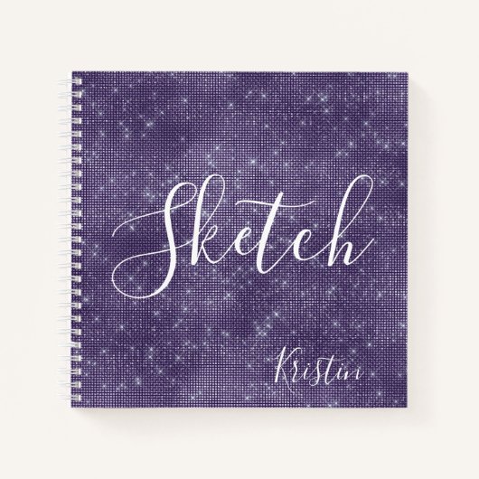 Paars Glitter Elegant Script Jouw naam Sketchbook Notitieboek (Voorkant)