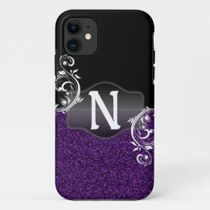 Paars Glitter- en Zwart design met monogram iPhone 11 Hoesje