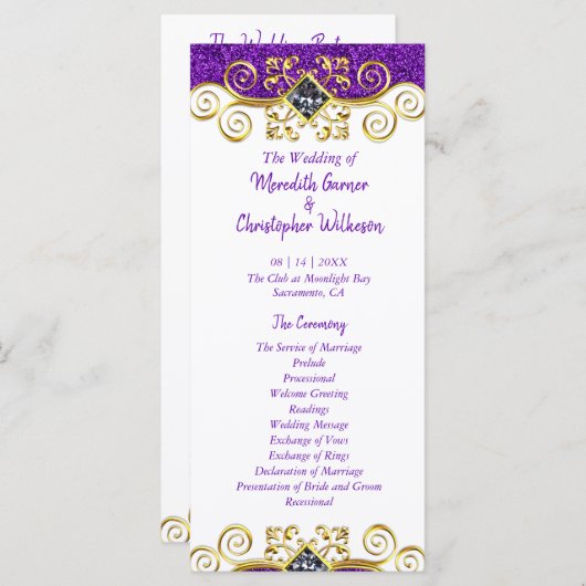 Paars Glitter Gold Gemstone Wedding Programme Programmakaart (Voorkant / Achterkant)