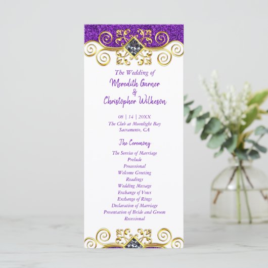 Paars Glitter Gold Gemstone Wedding Programme Programmakaart (Staand voorkant)