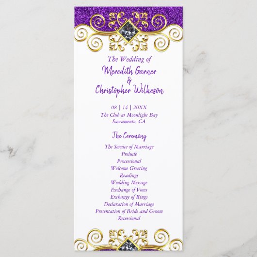Paars Glitter Gold Gemstone Wedding Programme Programmakaart (Voorkant)